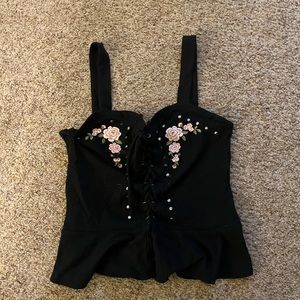 Black Corset Type Top with Pink Flowers Size XS